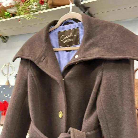 COACH Wool Belted Jacket with Gold Buttons,  3/4 Winter Coat Button Up Collar - Picture 6 of 8
